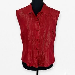 Kate Hill Silk red and gold Tinsel Button Down Sleeveless fitted Blouse Top 8 M